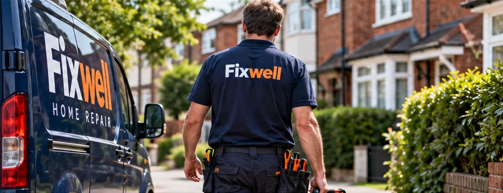 A Fixwell tradesperson walking from the branded van towards a row of brick houses