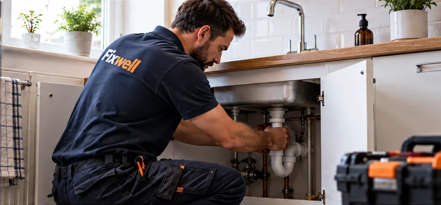 A Fixwell plumber kneeling at an open kitchen cabinet, fitting the pipework under the sink