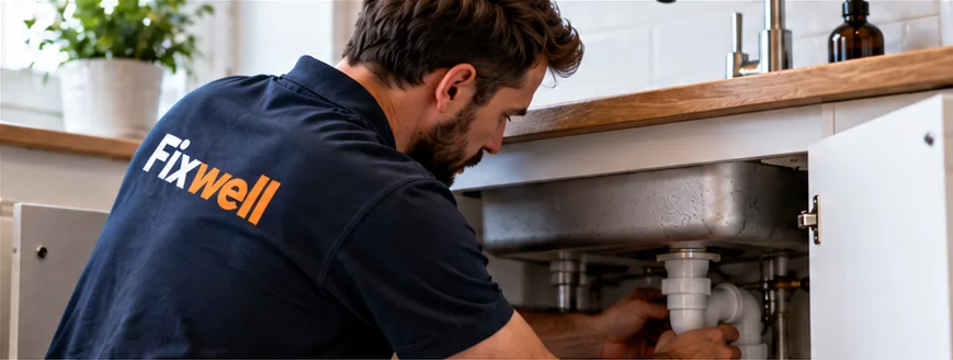 A Fixwell plumber working on the waste pipe under a kitchen sink